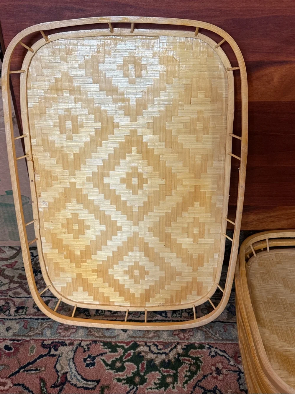 Vintage Mid-Century Bamboo Woven Trays - Natural Tan